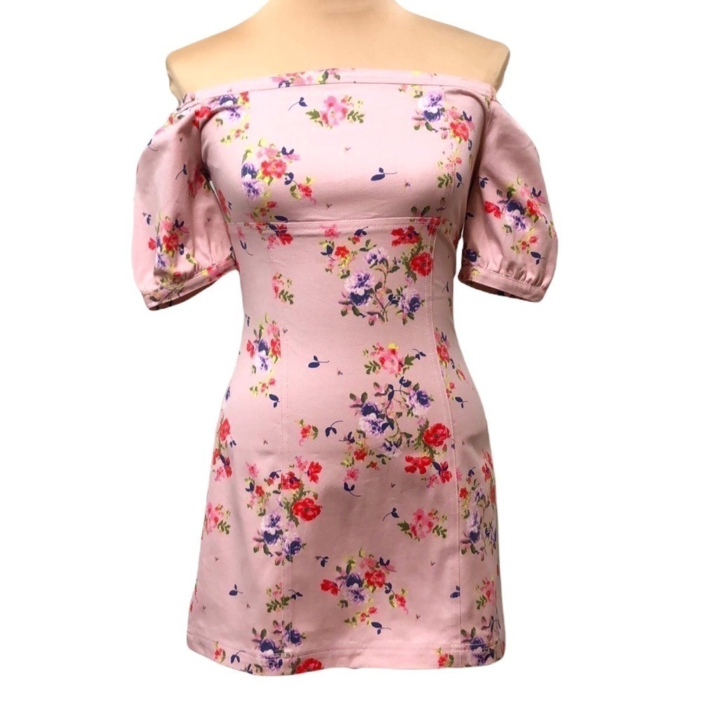 NWOT Leith Puff Balloon Sleeve Off Shoulder Pink Bodycon Dress Size Small